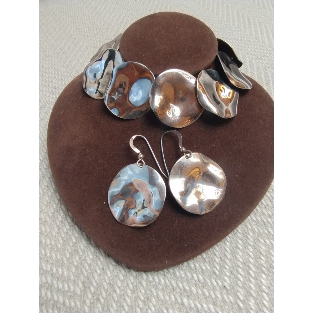 Joseph Esposito 925 Sterling Silver Hammered Disc Bracelet & Earrings Set